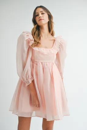 Pink Square Neck Ruffle Babydoll Dress