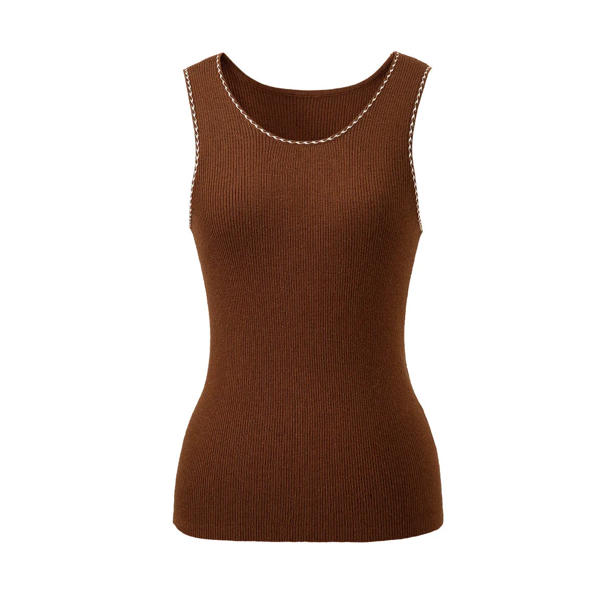 100% Wool Sleek Ribbed Knit Tank Top with Contrast Trim