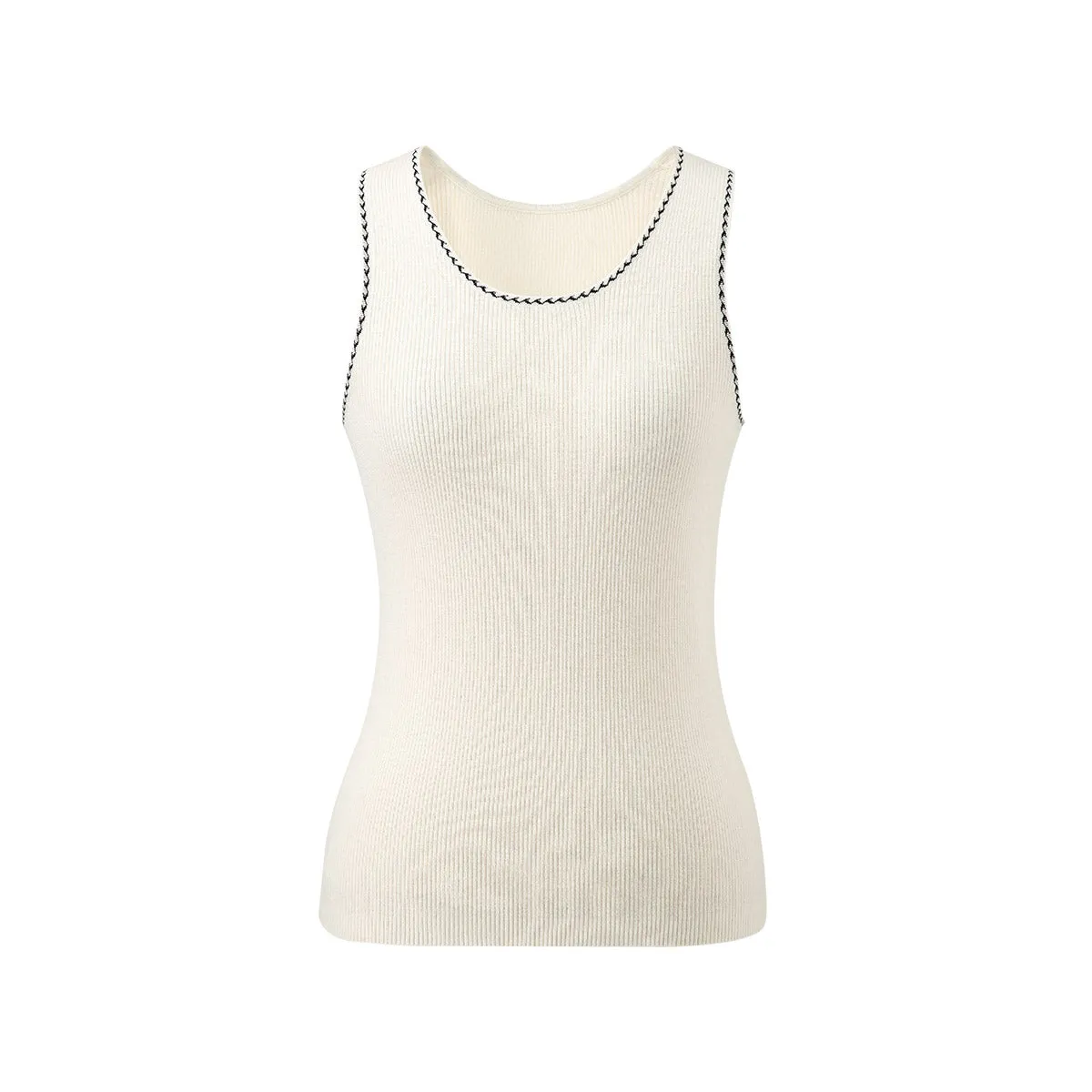 100% Wool Sleek Ribbed Knit Tank Top with Contrast Trim