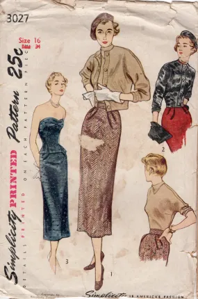 1950's Simplicity Strapless Top, Pencil Skirt, Sweater Blouse, Jacket and Beret Hat Pattern - Bust 34" - No. 3027