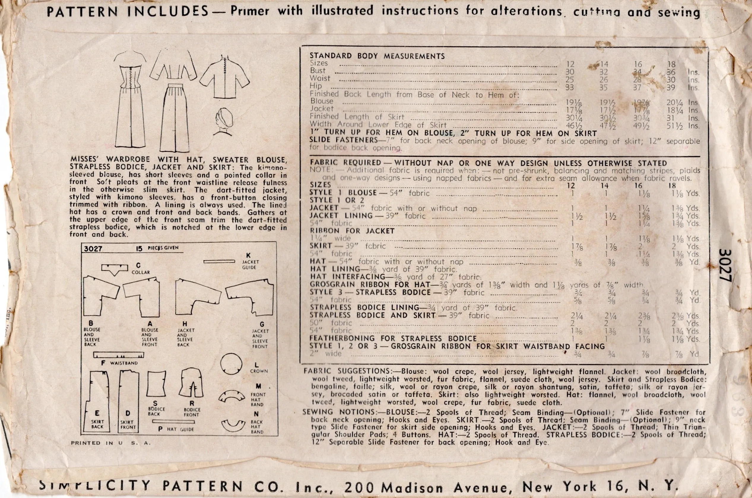 1950's Simplicity Strapless Top, Pencil Skirt, Sweater Blouse, Jacket and Beret Hat Pattern - Bust 34" - No. 3027