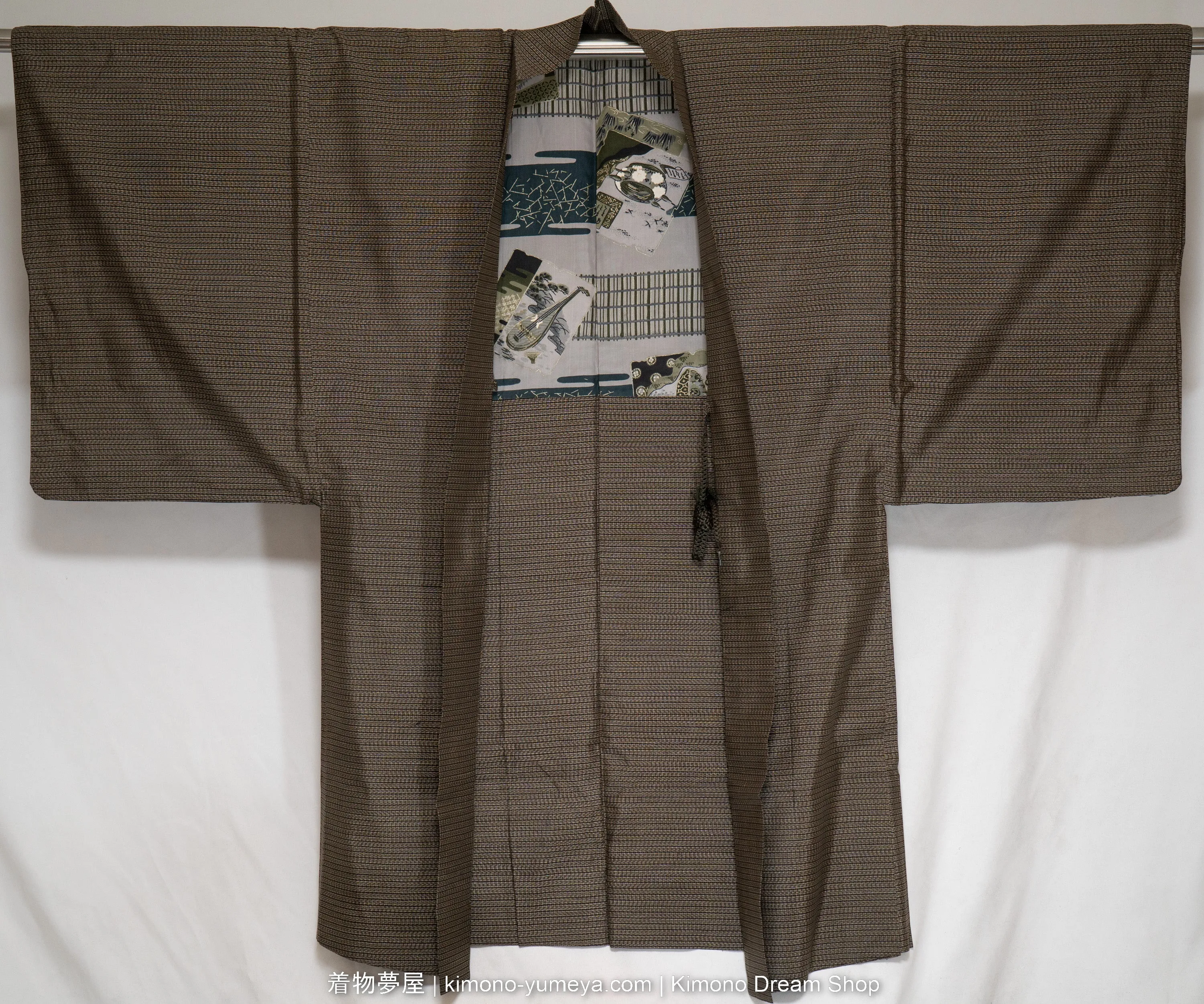 1980s Striped Koushi Men's Haori - Traditional Japanese Kimono Jacket for Guys - Pre-Dyed & Woven Silk Black Brown Grey - Scenes of Life on Gold Squares - Pottery Scrolls Fog Instruments