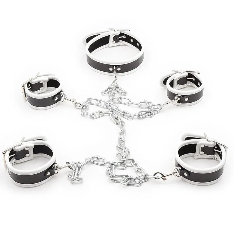 2375MQ      White Trimmed Black 6 Pc. Cuffs, Collar and Chains Bondage Slave Starter Set - MEGA Deal