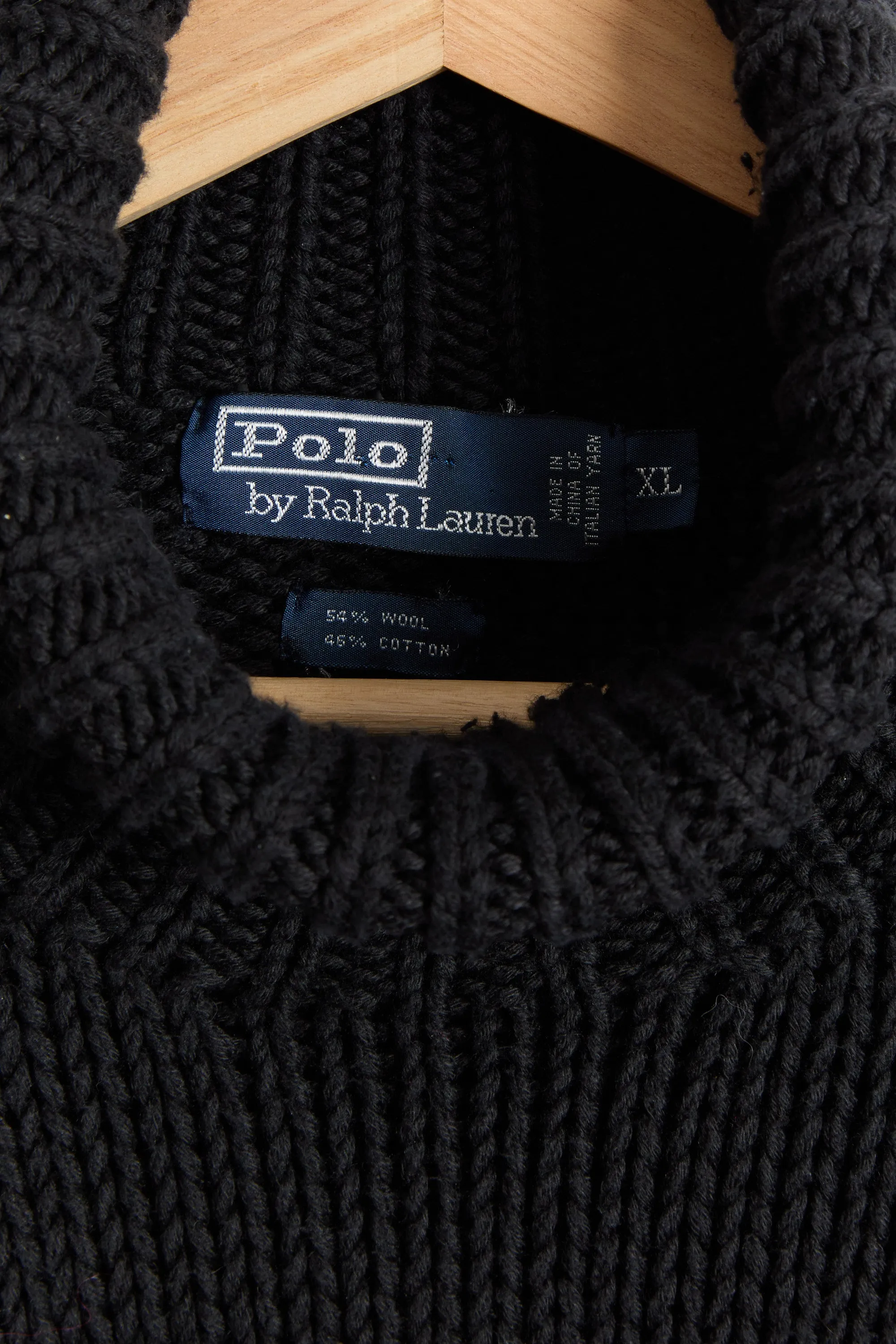 90s Black Polo Elbow Patch Chunky Turtle Neck Sweater XL