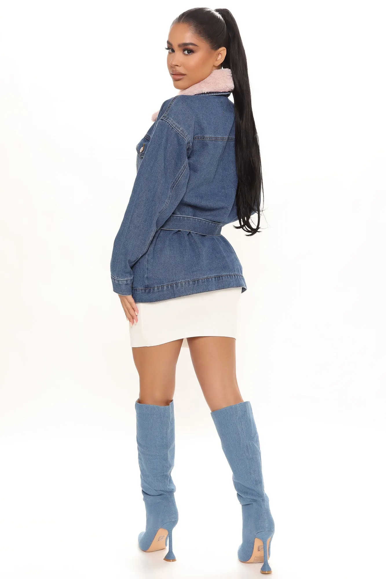 Always Cute Belted Denim Jacket - Medium Blue Wash