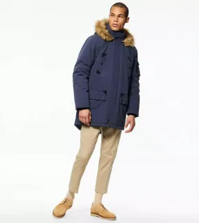 Andrew Marc New York Wilbur Men Olive Navy Hood Faux Fur Parka Jacket, Medium