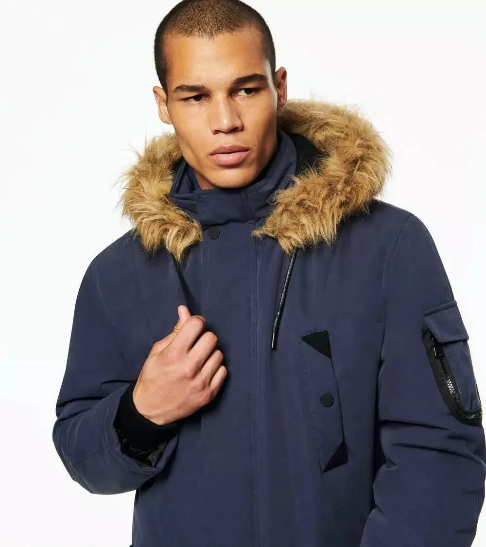 Andrew Marc New York Wilbur Men Olive Navy Hood Faux Fur Parka Jacket, Medium