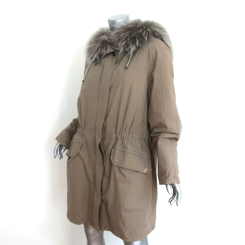 ARMY Yves Salomon Fur-Lined Parka Olive Brown Cotton Size 40 Hooded Jacket