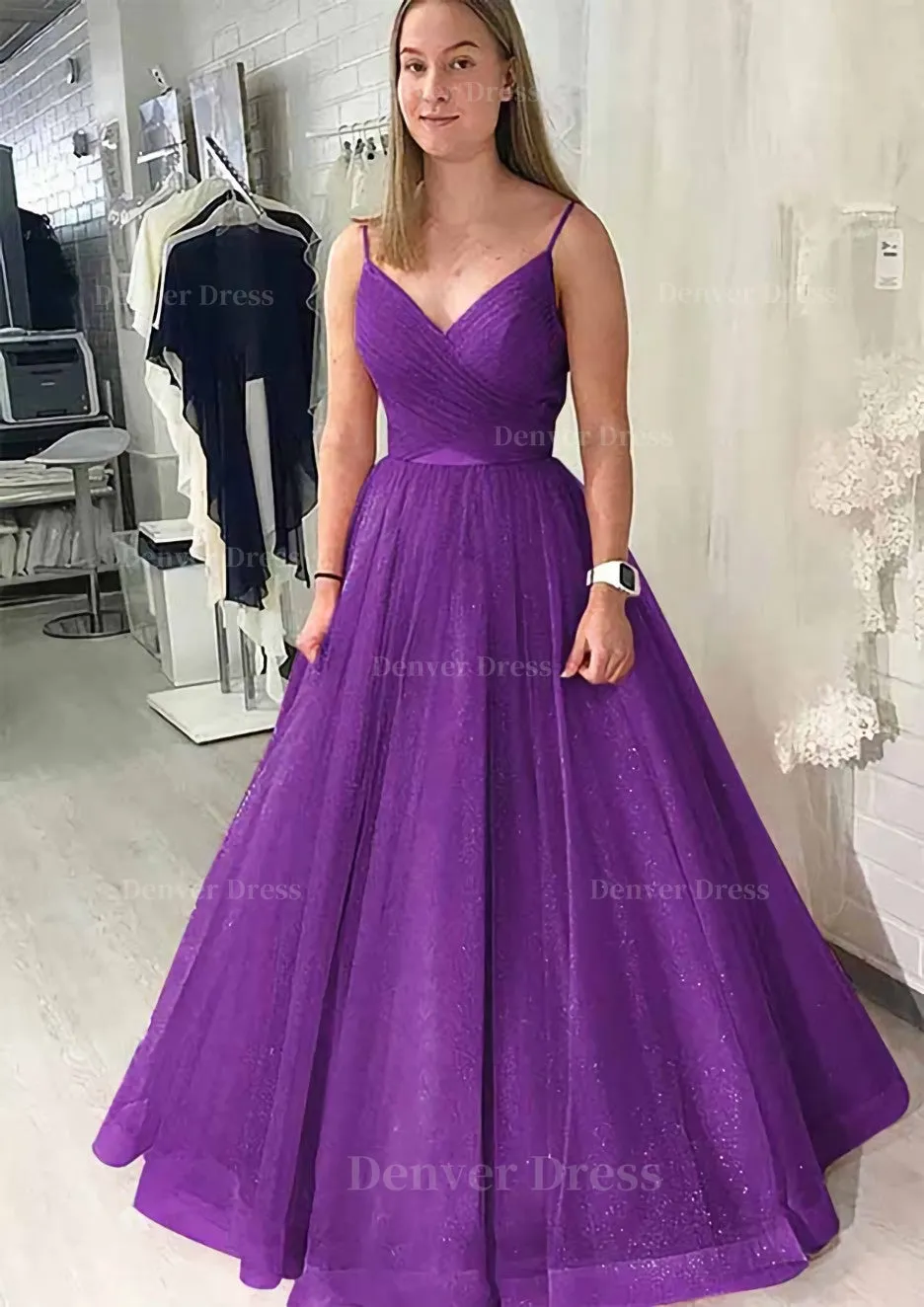 Ball Gown Long/Floor-Length Sparkling Tulle Prom Dress With Pleated