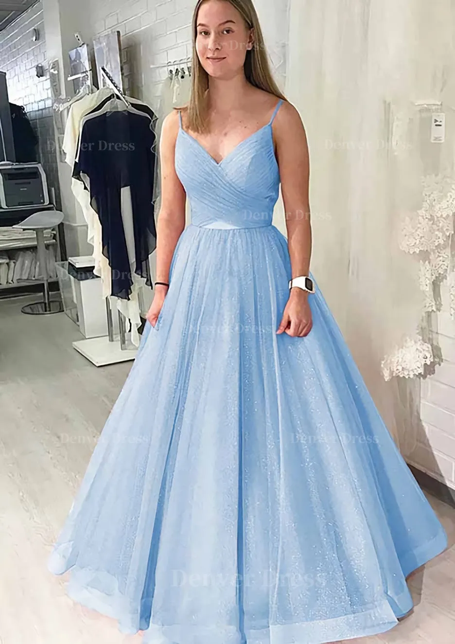 Ball Gown Long/Floor-Length Sparkling Tulle Prom Dress With Pleated