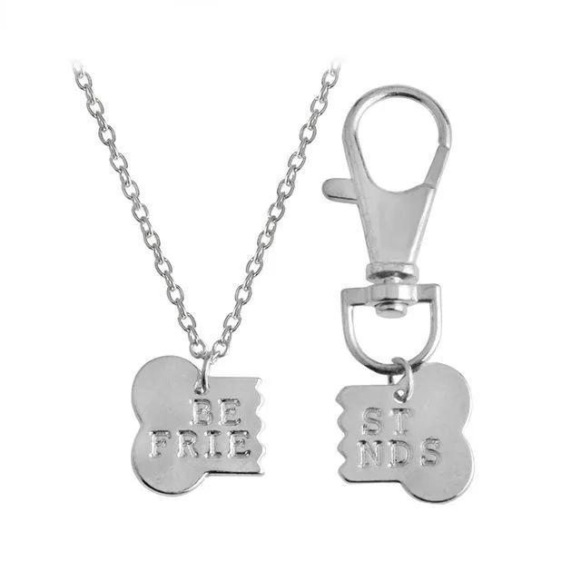 Best Friends Dog Bone Necklace & Keychain Jewelry Set-Yellow or Silver Colors