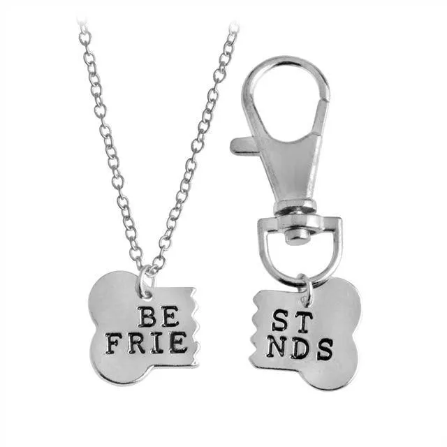 Best Friends Dog Bone Necklace & Keychain Jewelry Set-Yellow or Silver Colors