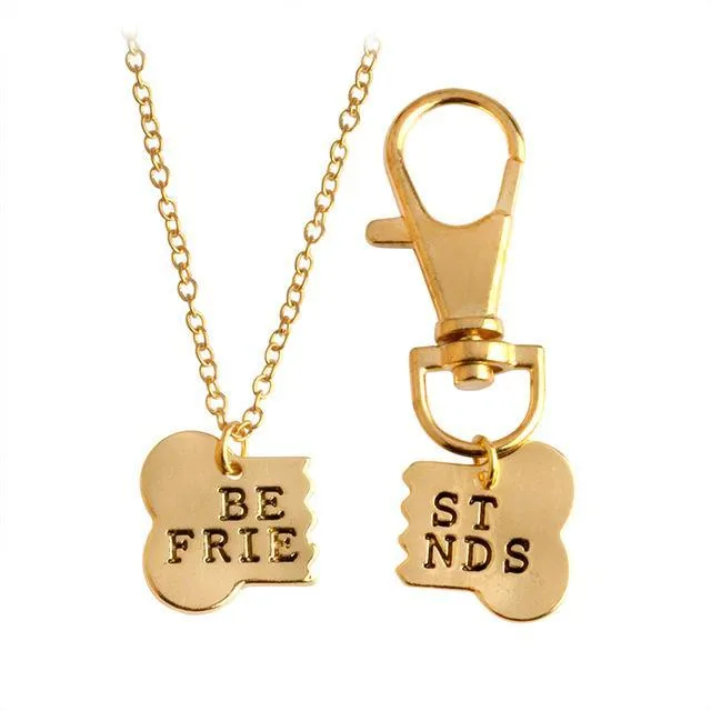 Best Friends Dog Bone Necklace & Keychain Jewelry Set-Yellow or Silver Colors