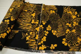 Black & Yellow Destitched Haori Silk Fabric - Vintage Japanese Grass Chrysanthemums Vibrant Contrast - Halloween Crafting Upcycling Ideas