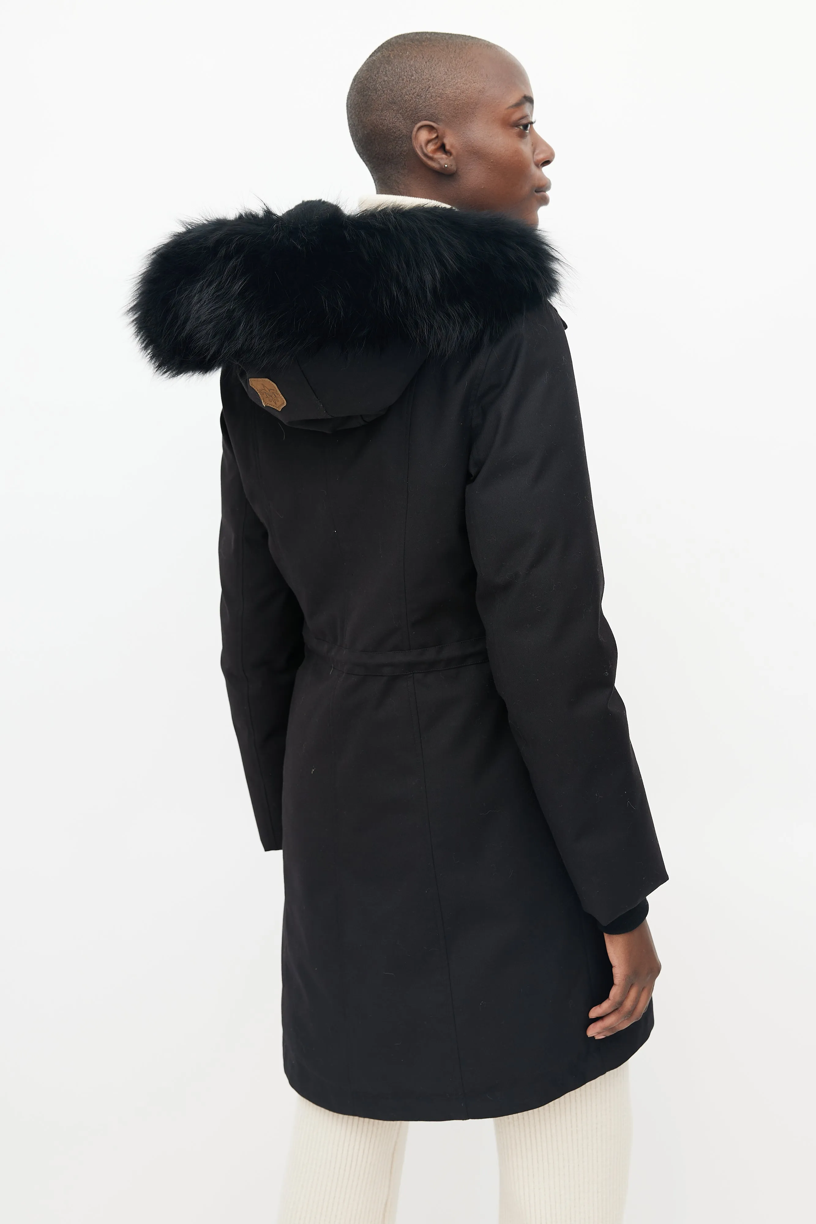 Black Fur Collar Drawstring Waist Parka