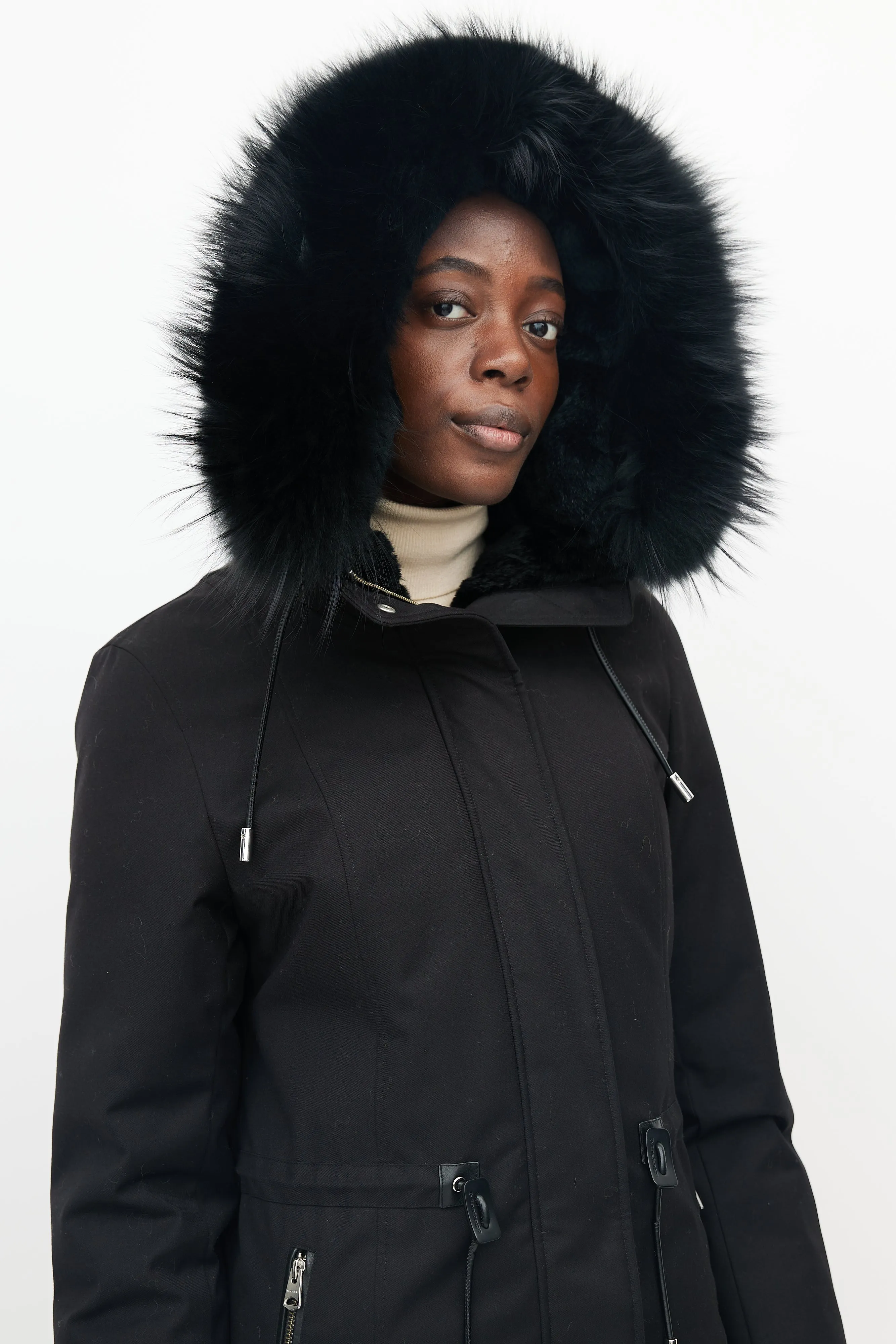 Black Fur Collar Drawstring Waist Parka