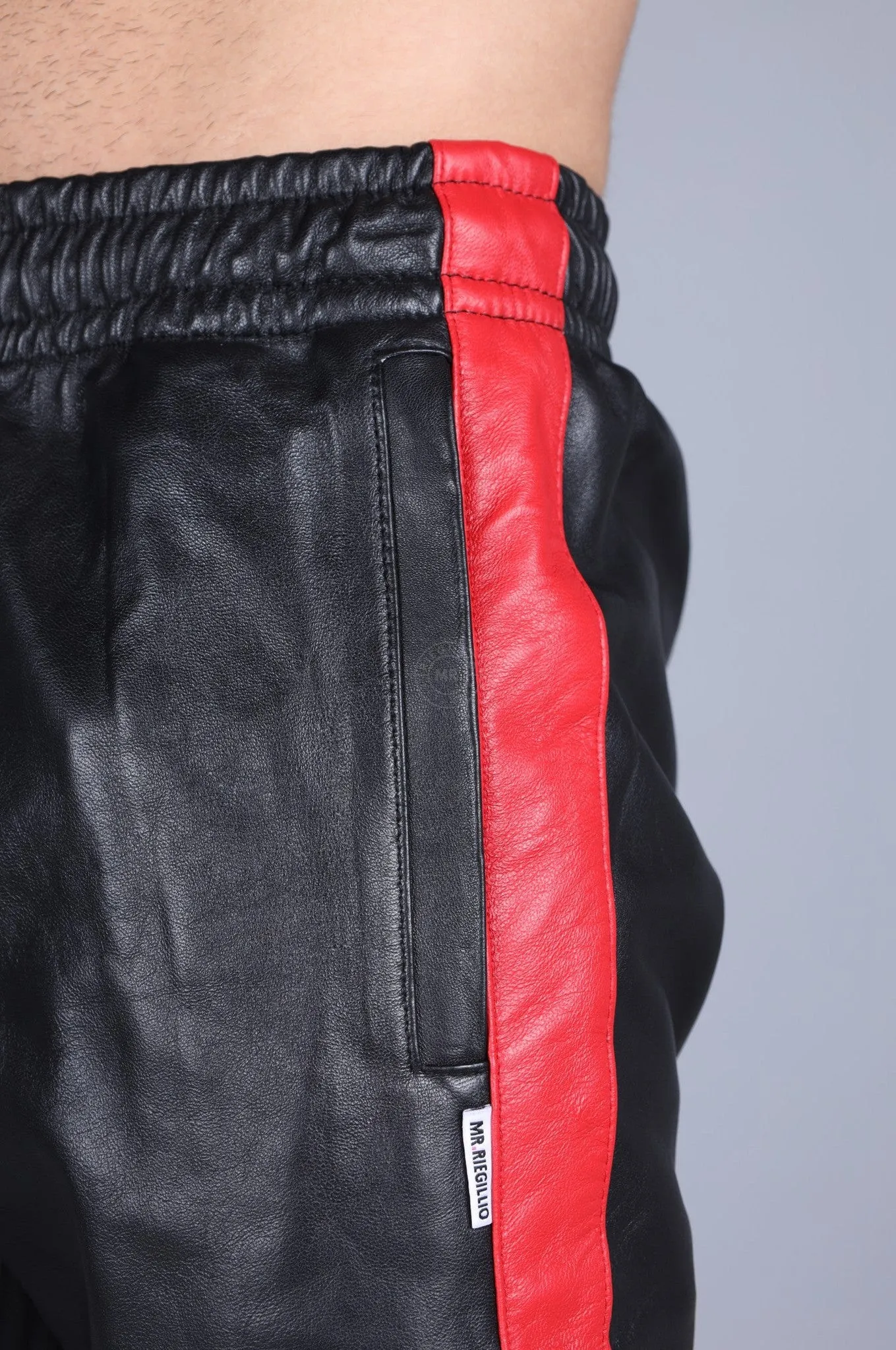 Black Leather Tracksuit Pants - Red Stripe