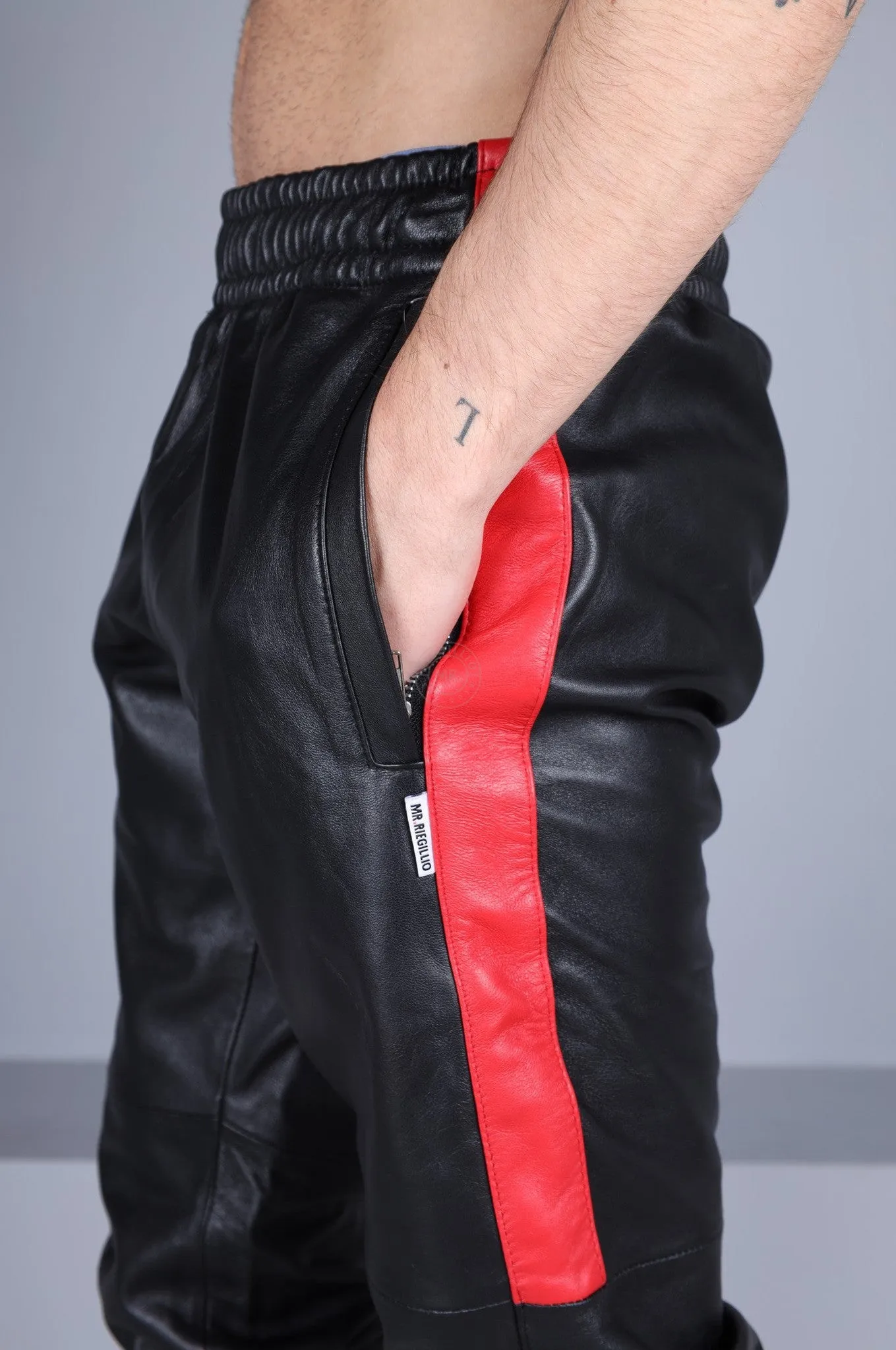 Black Leather Tracksuit Pants - Red Stripe