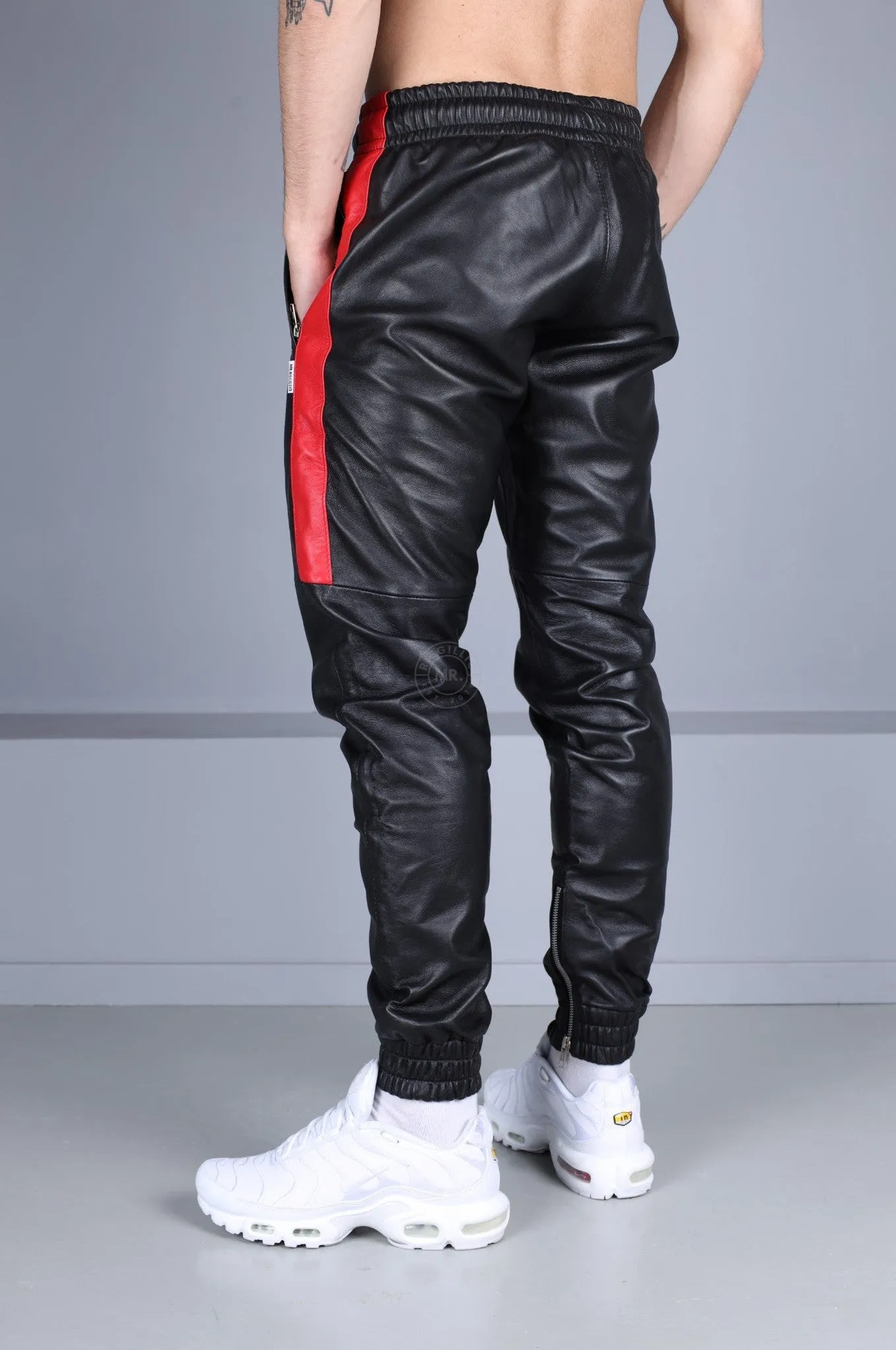 Black Leather Tracksuit Pants - Red Stripe