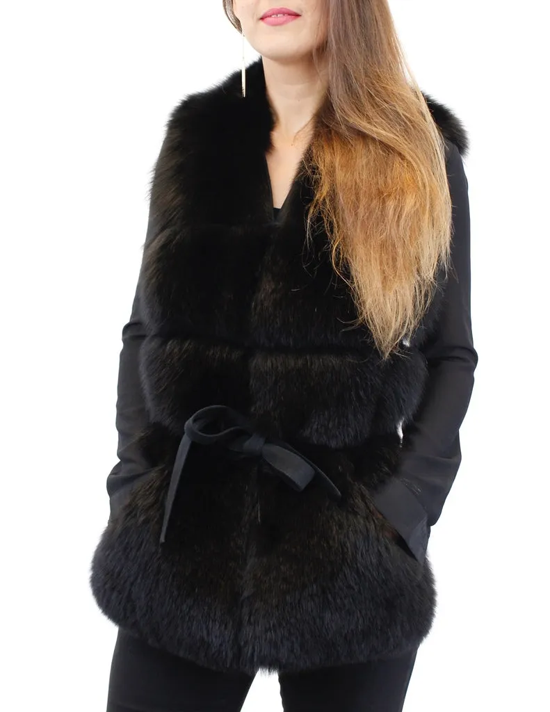 BLACK SHEARED MINK & FOX FUR CONVERTIBLE VEST, SCARF