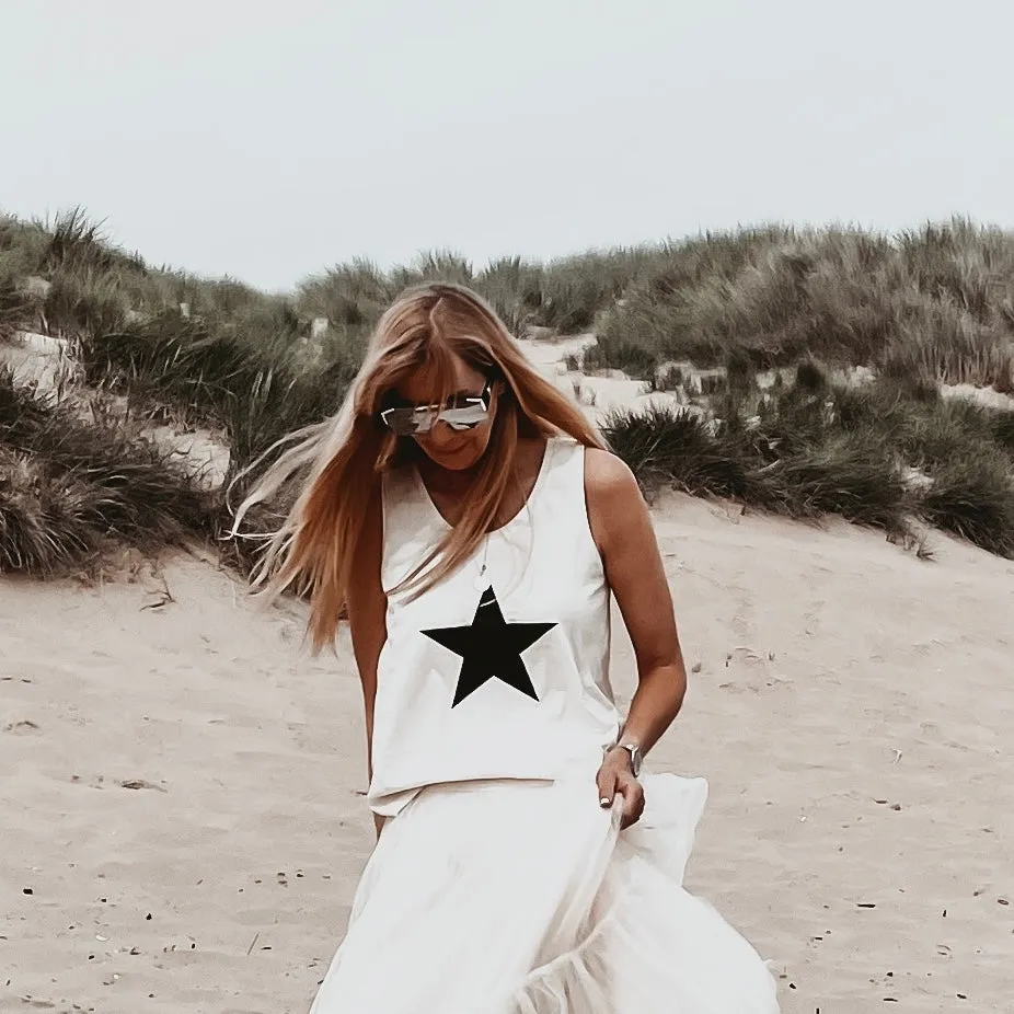 Black star on vintage white IBIZA tank top *relaxed fit* BACK IN STOCK!