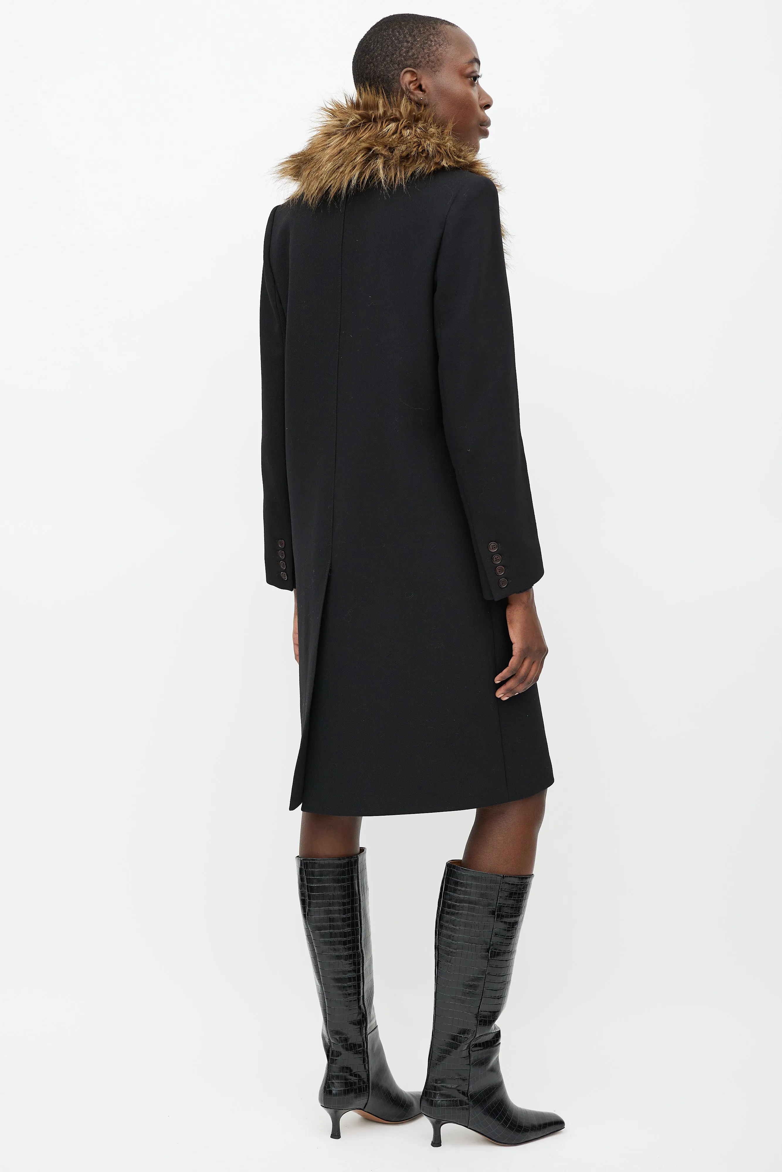 Black Wool Fur Collar Coat