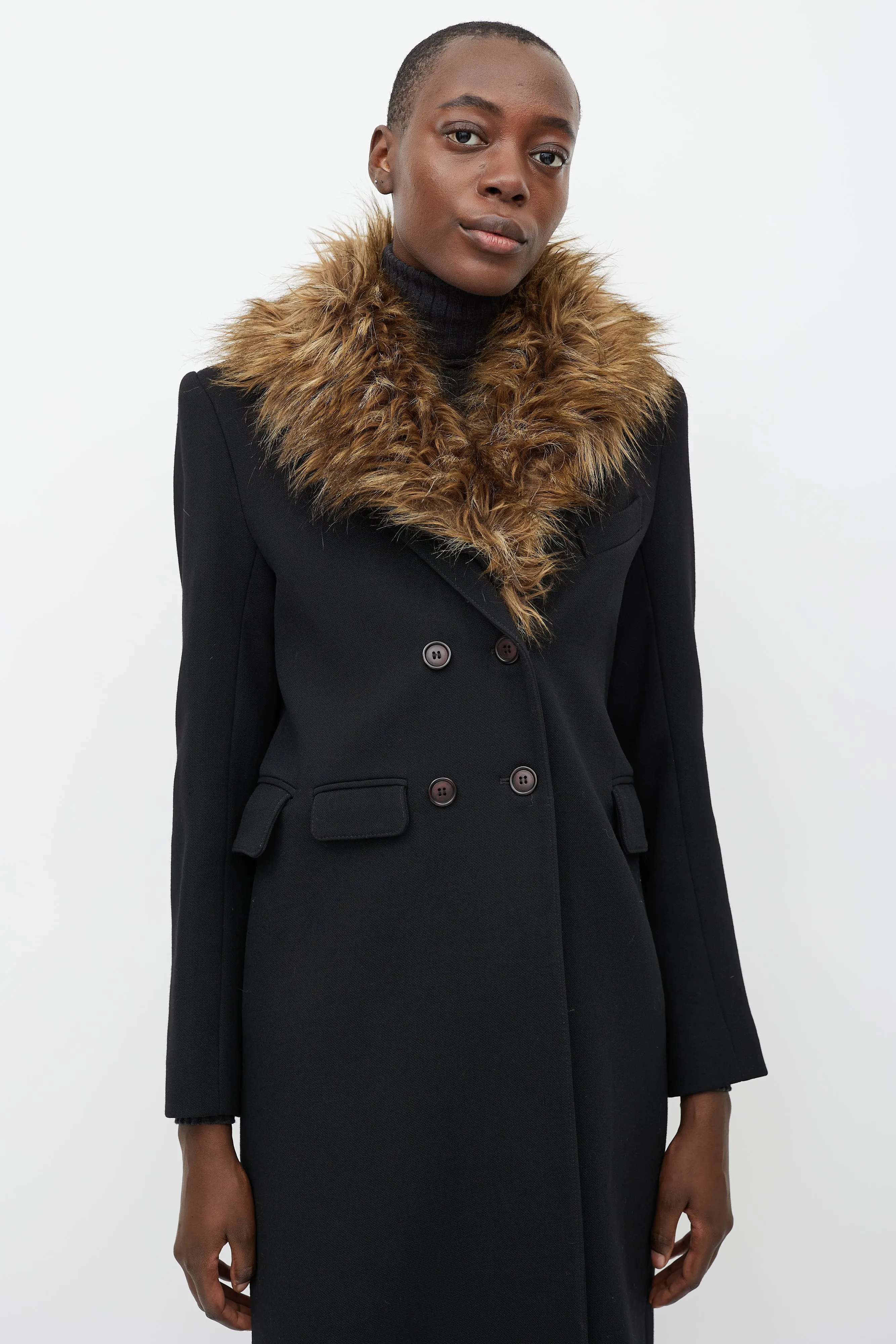 Black Wool Fur Collar Coat