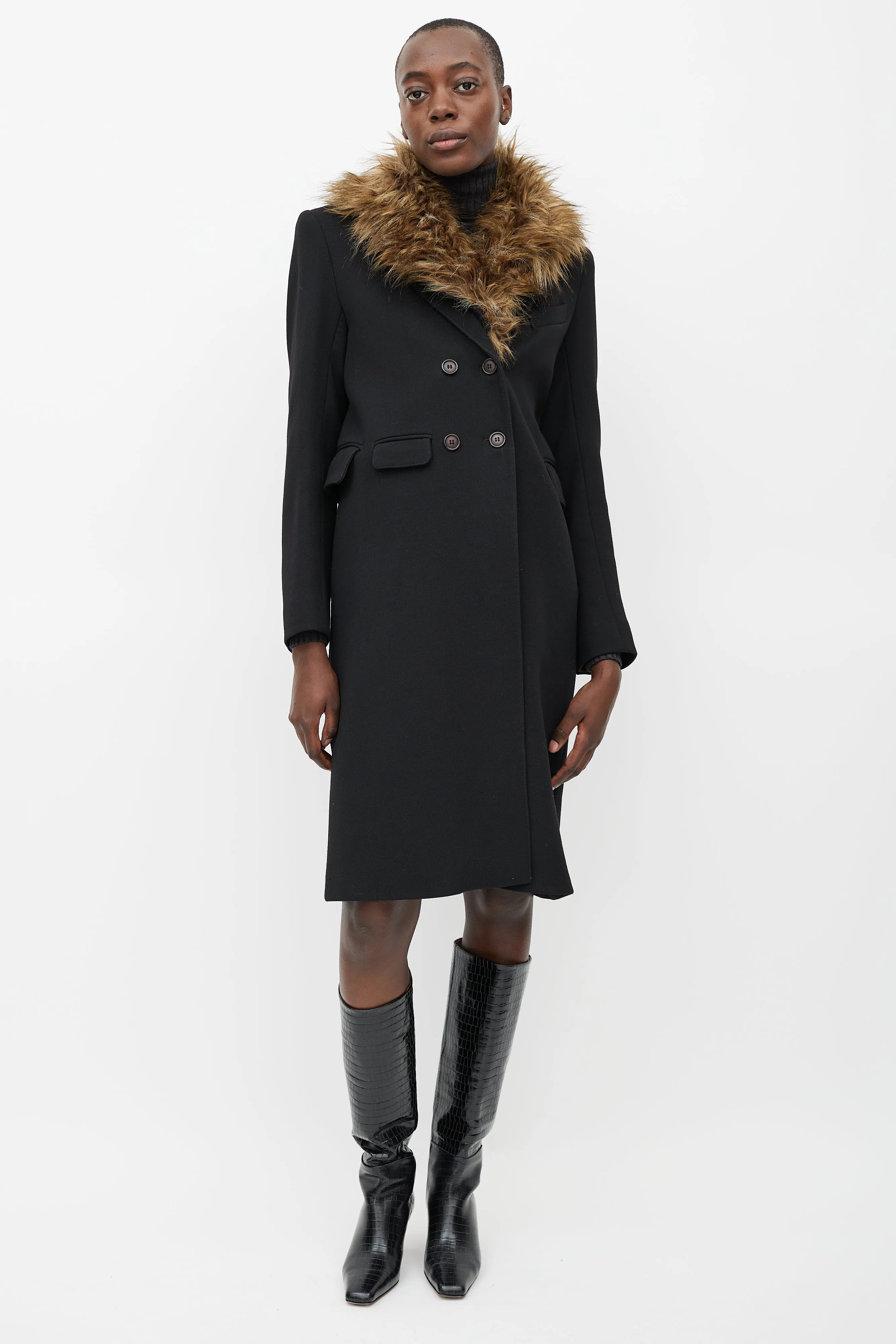 Black Wool Fur Collar Coat