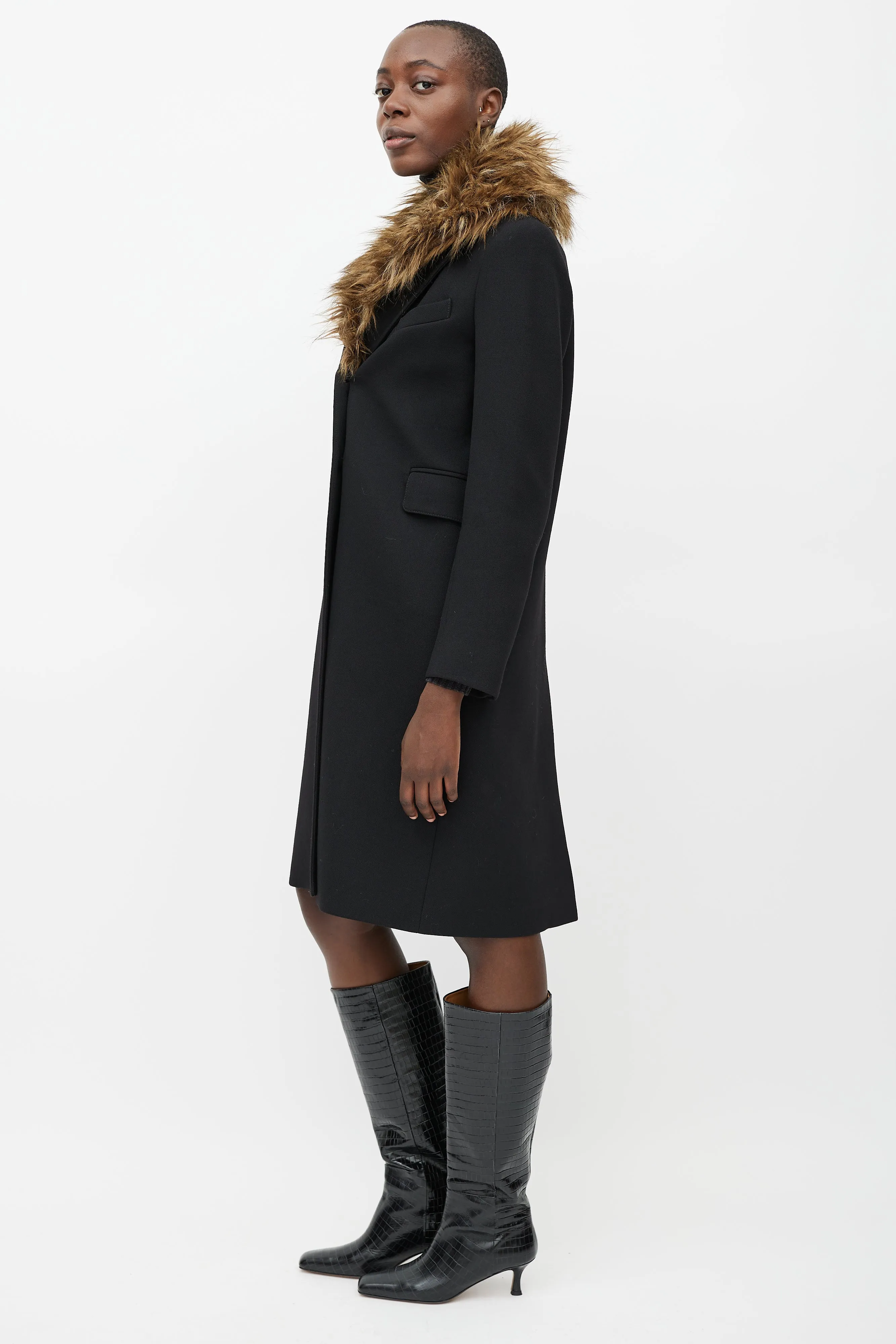 Black Wool Fur Collar Coat