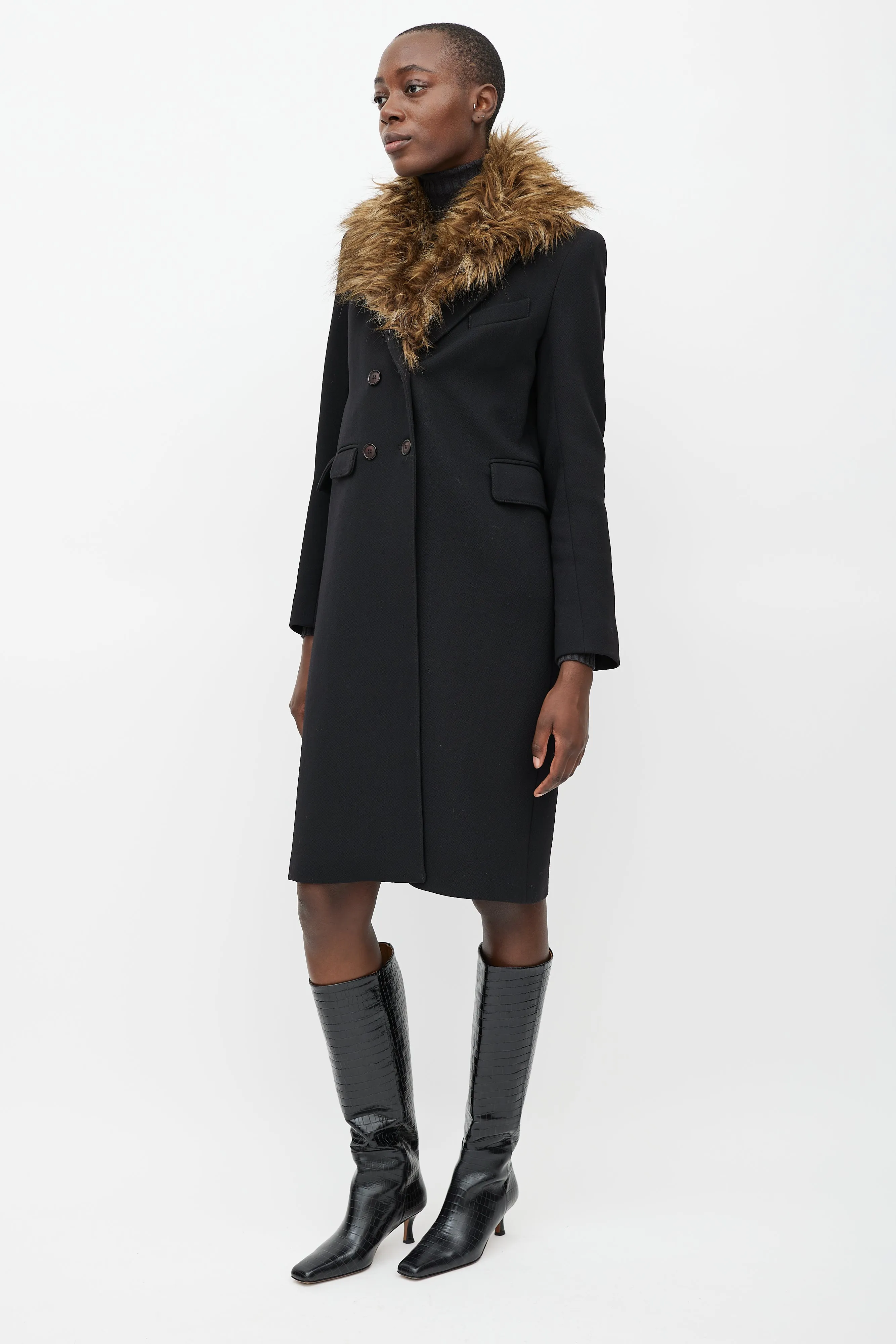 Black Wool Fur Collar Coat