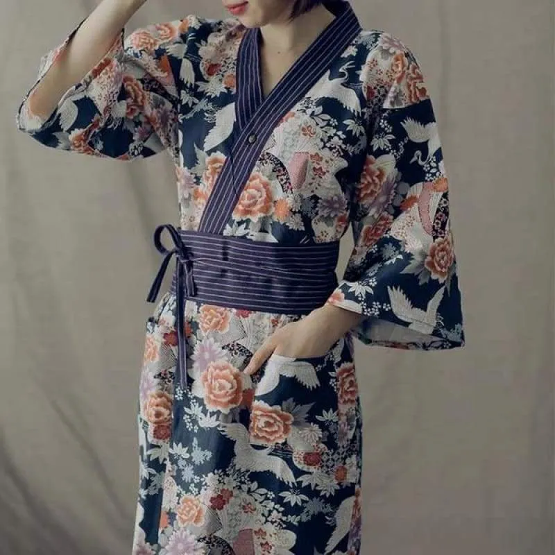 Blue Crane Floral Women Casual Yukata