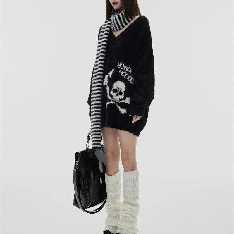 Bonnyshow  Black Gothic Skull Sweater Cyber Y2k Grunge Fairy Core Knitwear Striped Scarf Punk Mohair Pullover Women Emo Alt Knitted Jumper