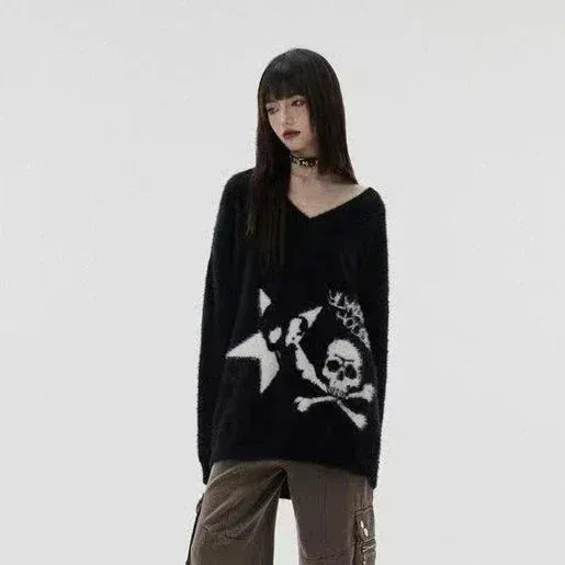 Bonnyshow  Black Gothic Skull Sweater Cyber Y2k Grunge Fairy Core Knitwear Striped Scarf Punk Mohair Pullover Women Emo Alt Knitted Jumper