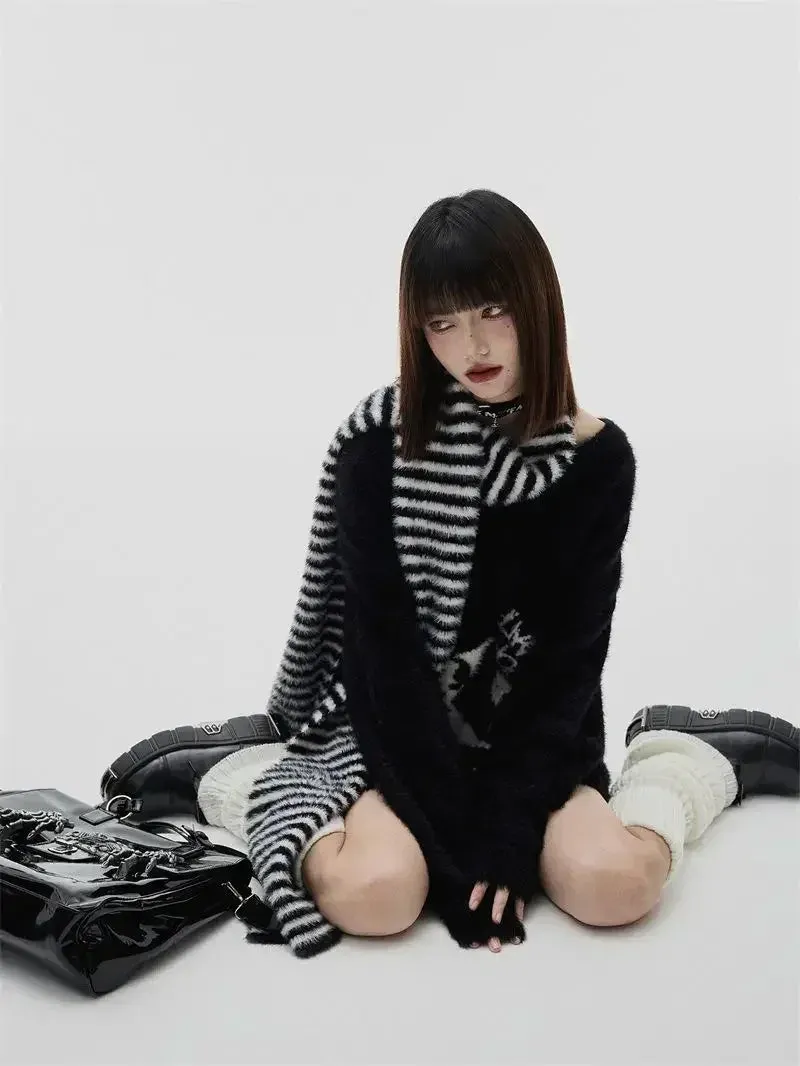 Bonnyshow  Black Gothic Skull Sweater Cyber Y2k Grunge Fairy Core Knitwear Striped Scarf Punk Mohair Pullover Women Emo Alt Knitted Jumper