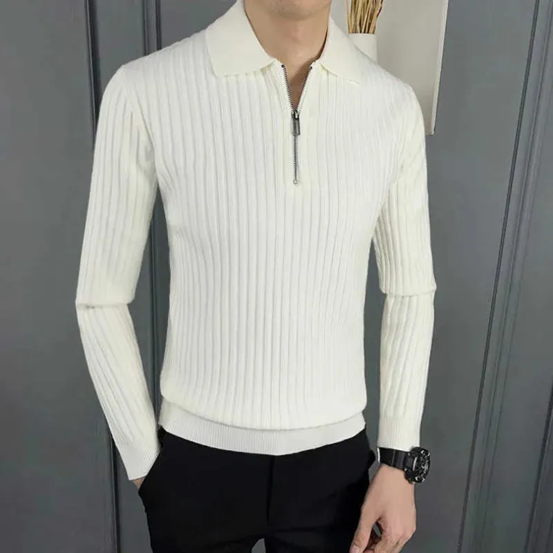 Bonsir Men's Autumn Winter Fashion Casual Solid Color Pullover POLO Neck Half Zip Versatile Long Sleeve Slim Fit Sweater Knitted Tops