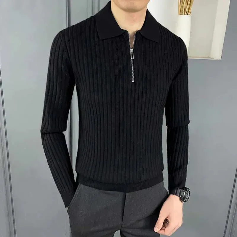 Bonsir Men's Autumn Winter Fashion Casual Solid Color Pullover POLO Neck Half Zip Versatile Long Sleeve Slim Fit Sweater Knitted Tops