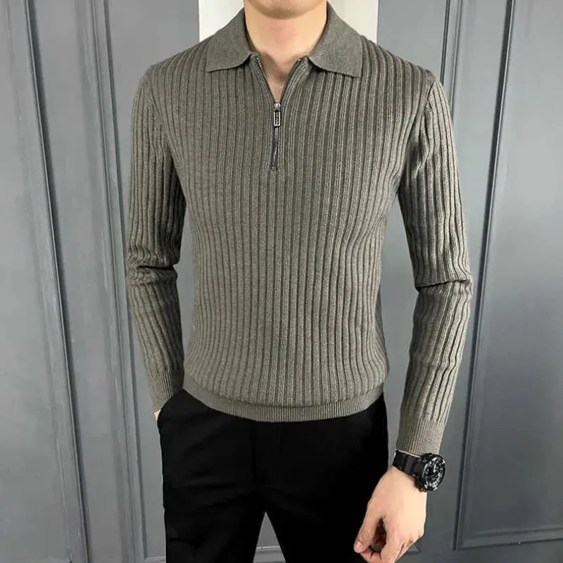 Bonsir Men's Autumn Winter Fashion Casual Solid Color Pullover POLO Neck Half Zip Versatile Long Sleeve Slim Fit Sweater Knitted Tops