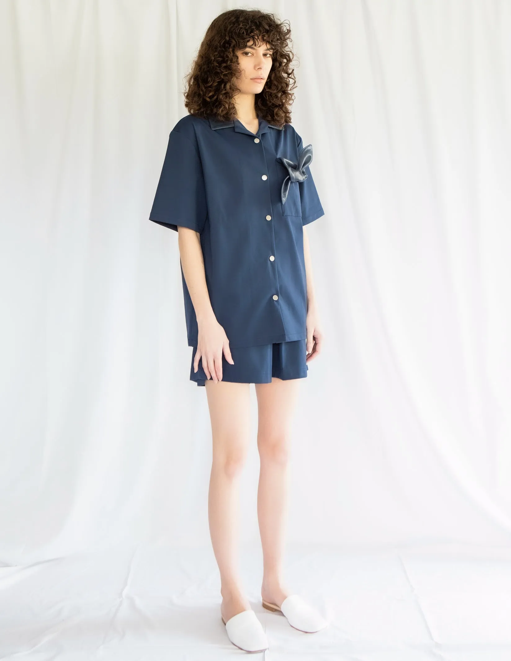 Bowling Shirt and Shorts Set in Navy Ponte with Leather