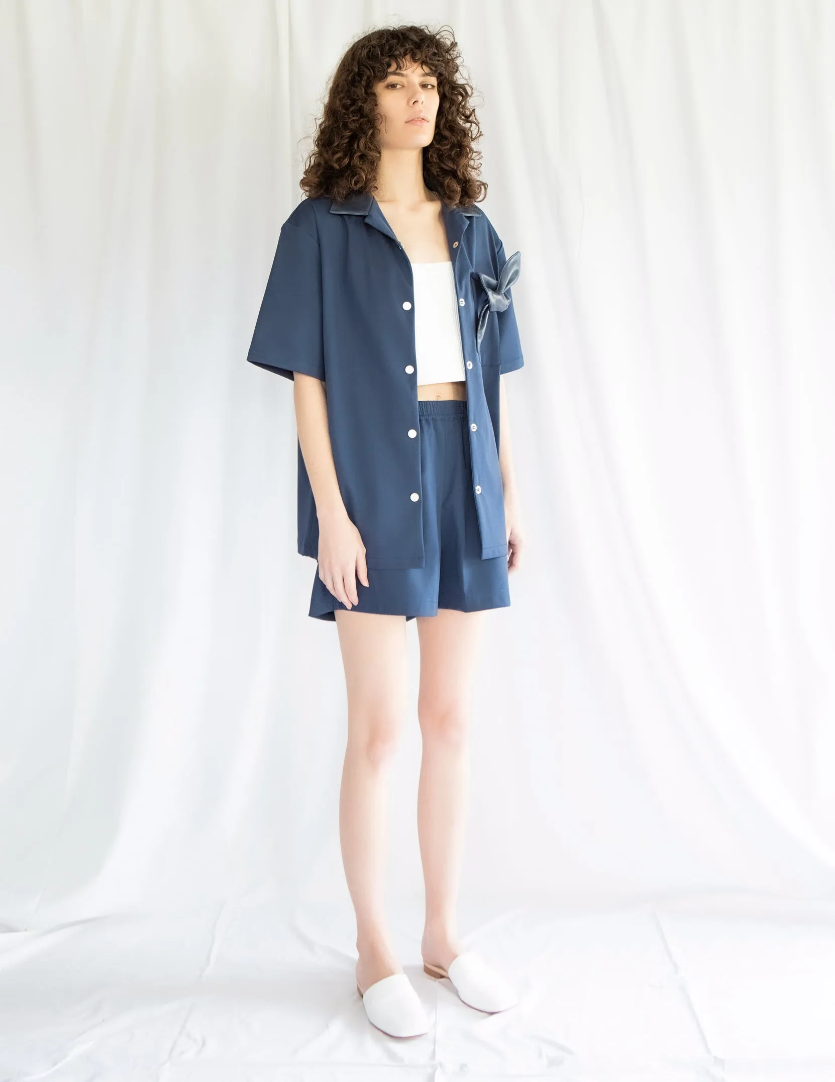 Bowling Shirt and Shorts Set in Navy Ponte with Leather