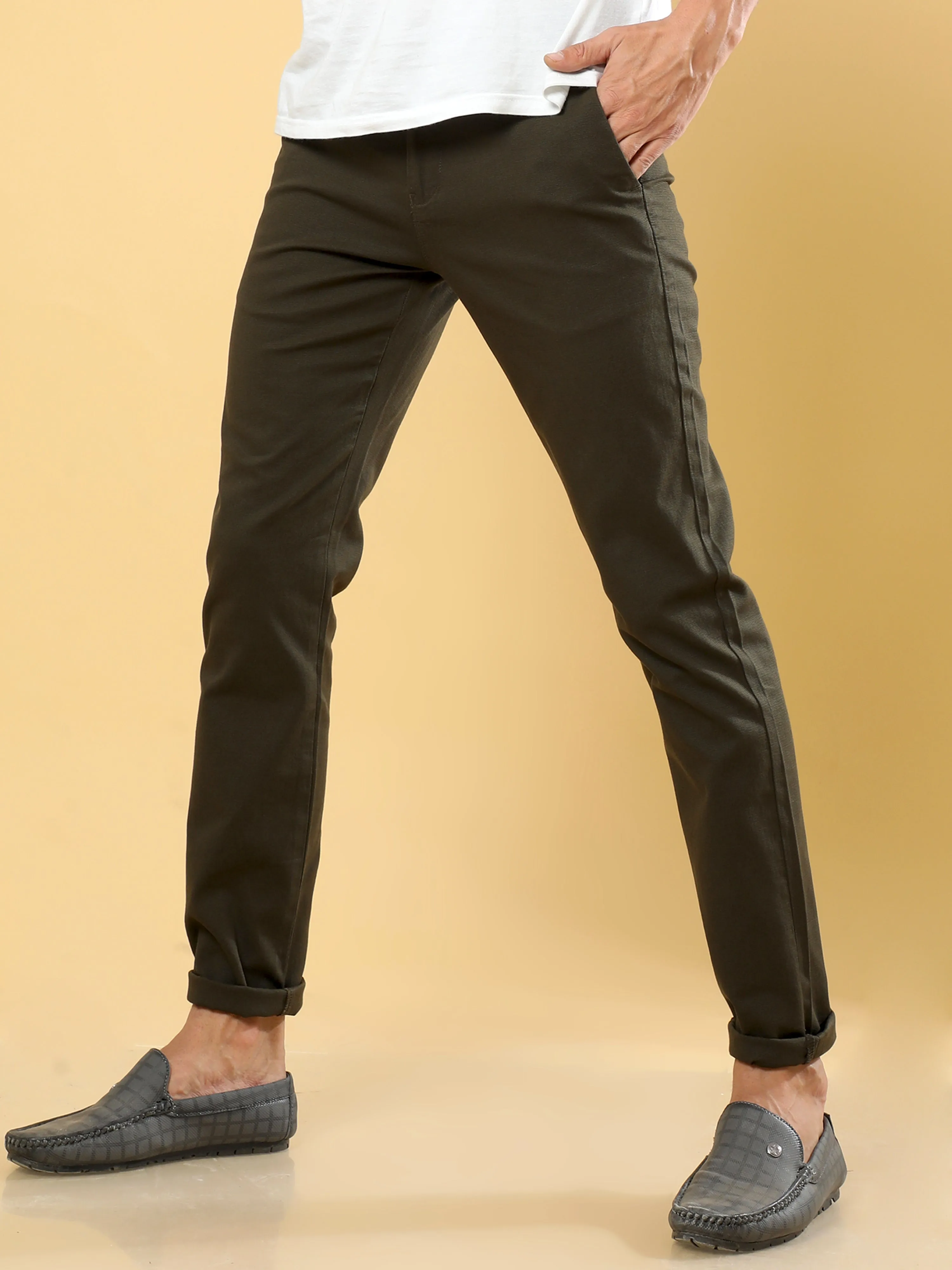 Box Dobby Dark Olive Cotton Chino