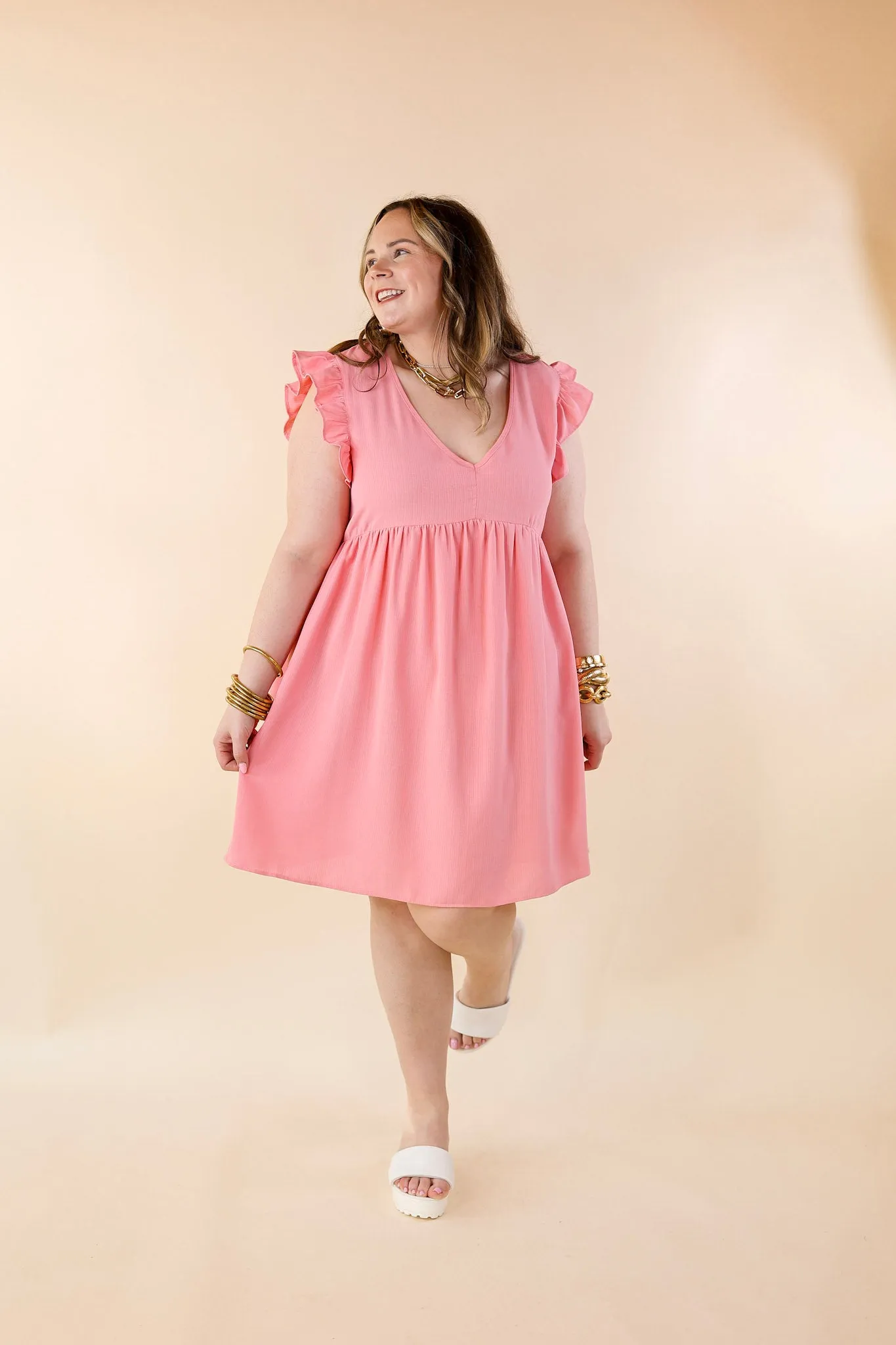 Capture Your Attention V Neck Dress with Ruffle Cap Sleeves in Bubblegum Pink