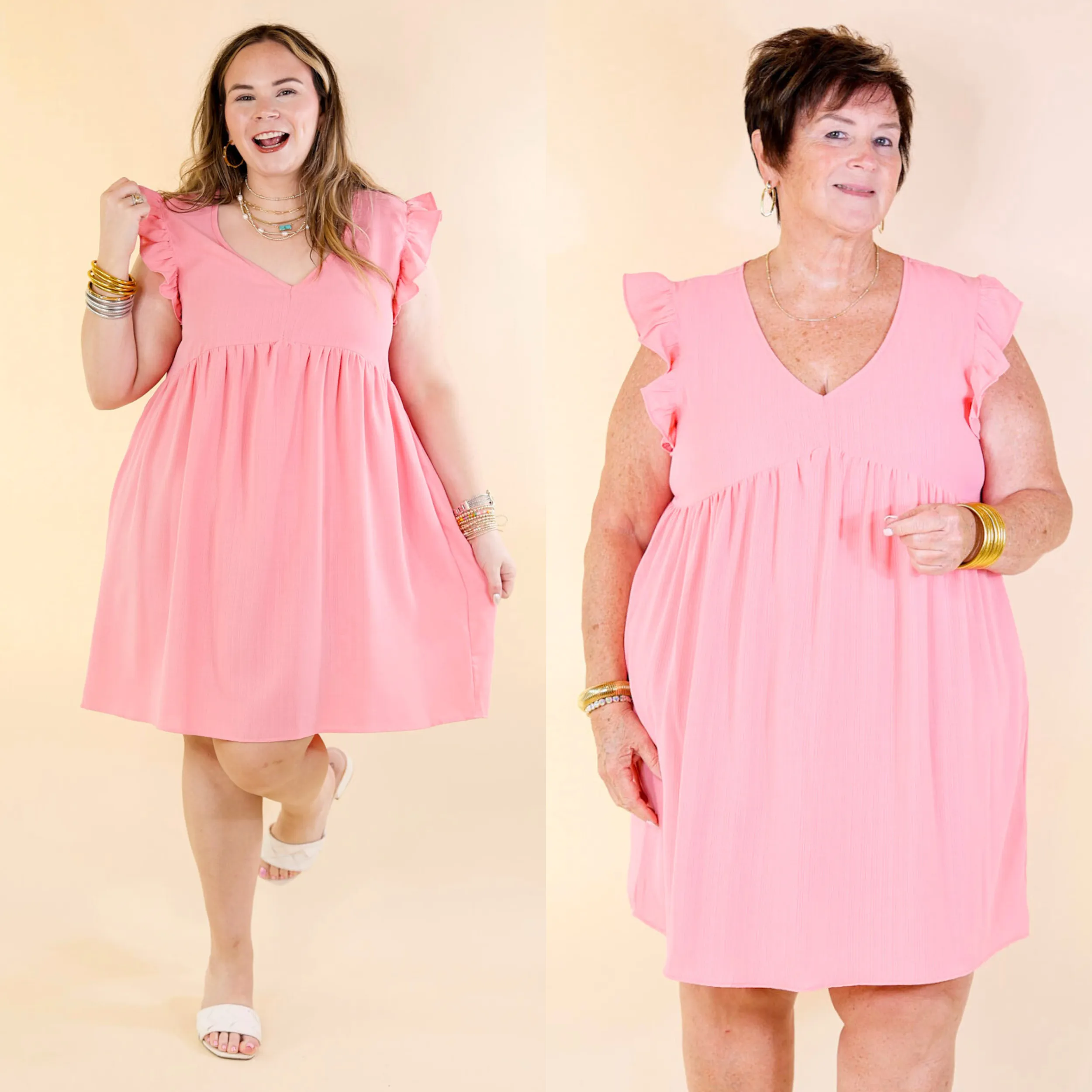 Capture Your Attention V Neck Dress with Ruffle Cap Sleeves in Bubblegum Pink