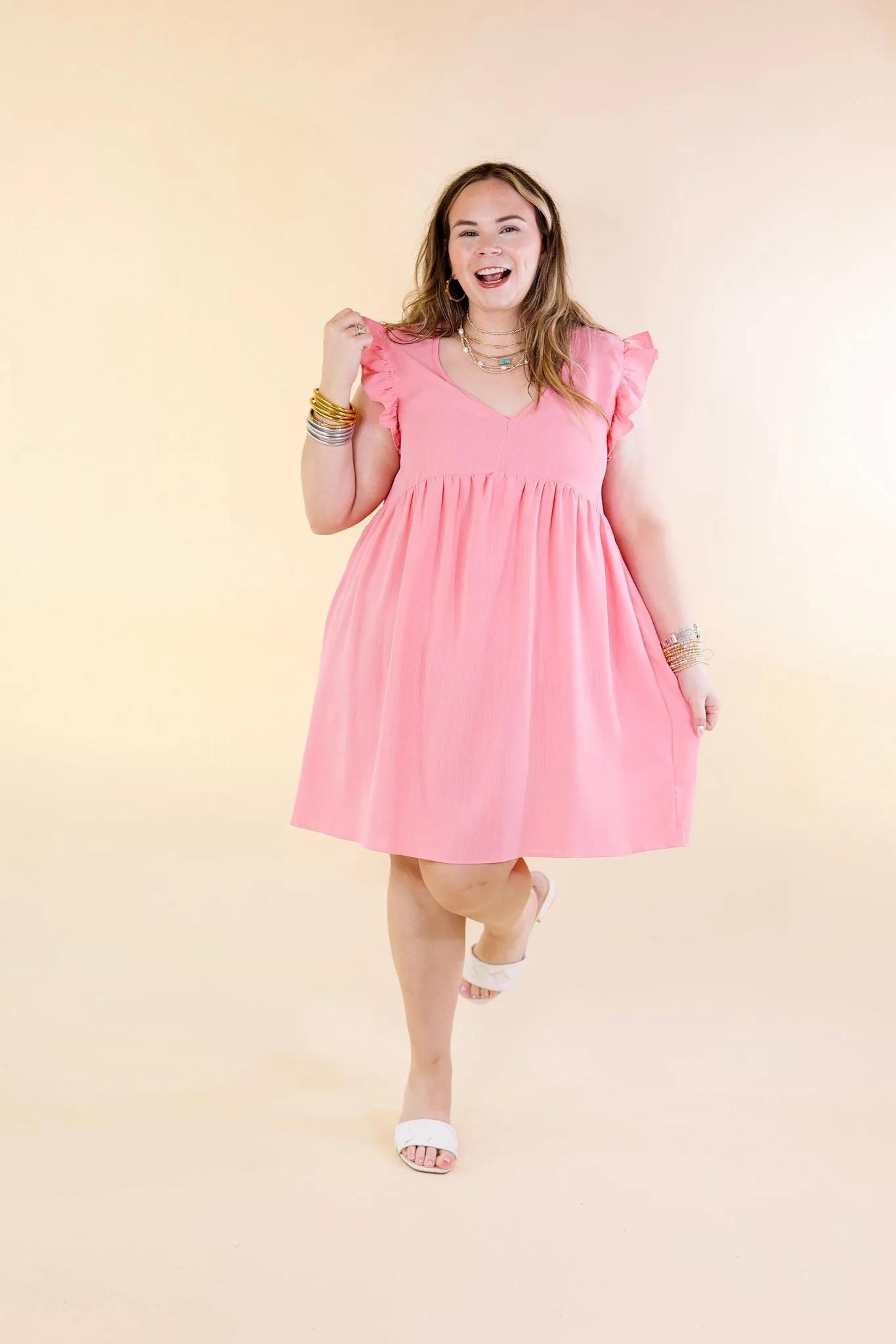 Capture Your Attention V Neck Dress with Ruffle Cap Sleeves in Bubblegum Pink