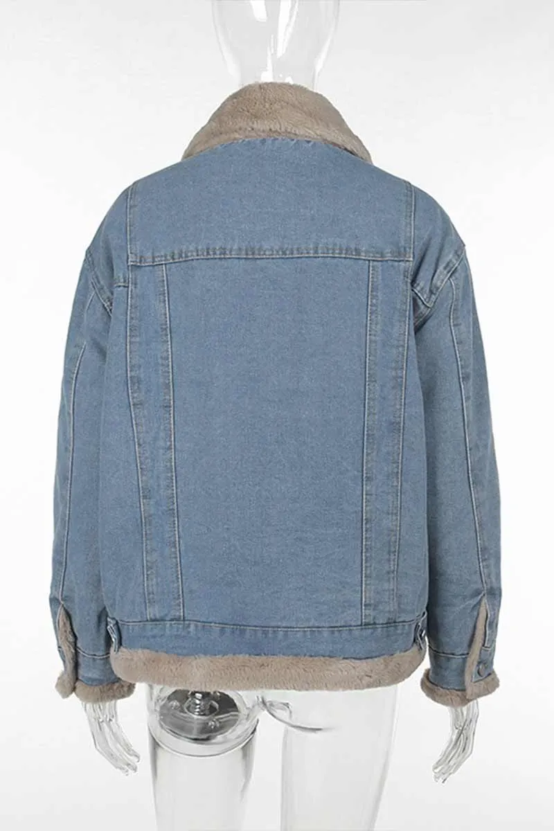 CH835 Denim Splicing Fur Jacket