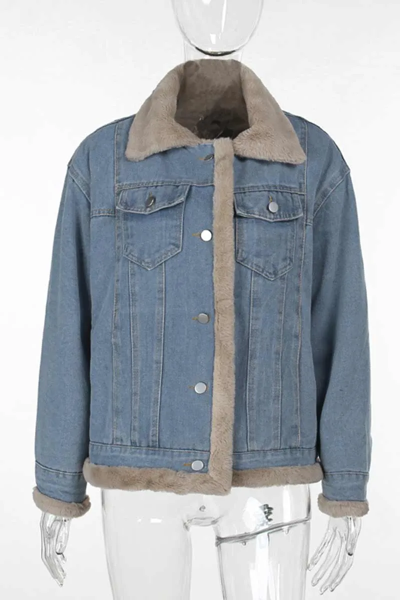 CH835 Denim Splicing Fur Jacket