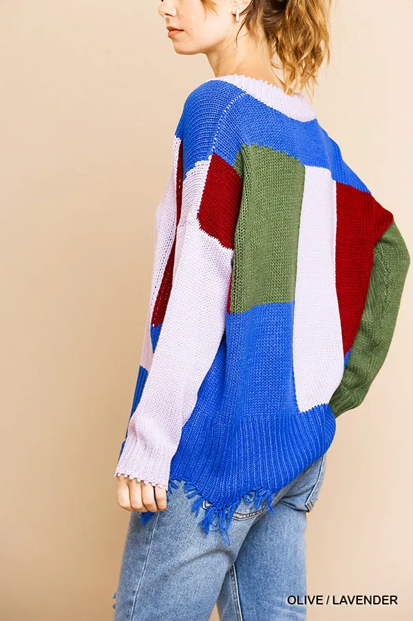 Color Block Frayed Hem Sweater