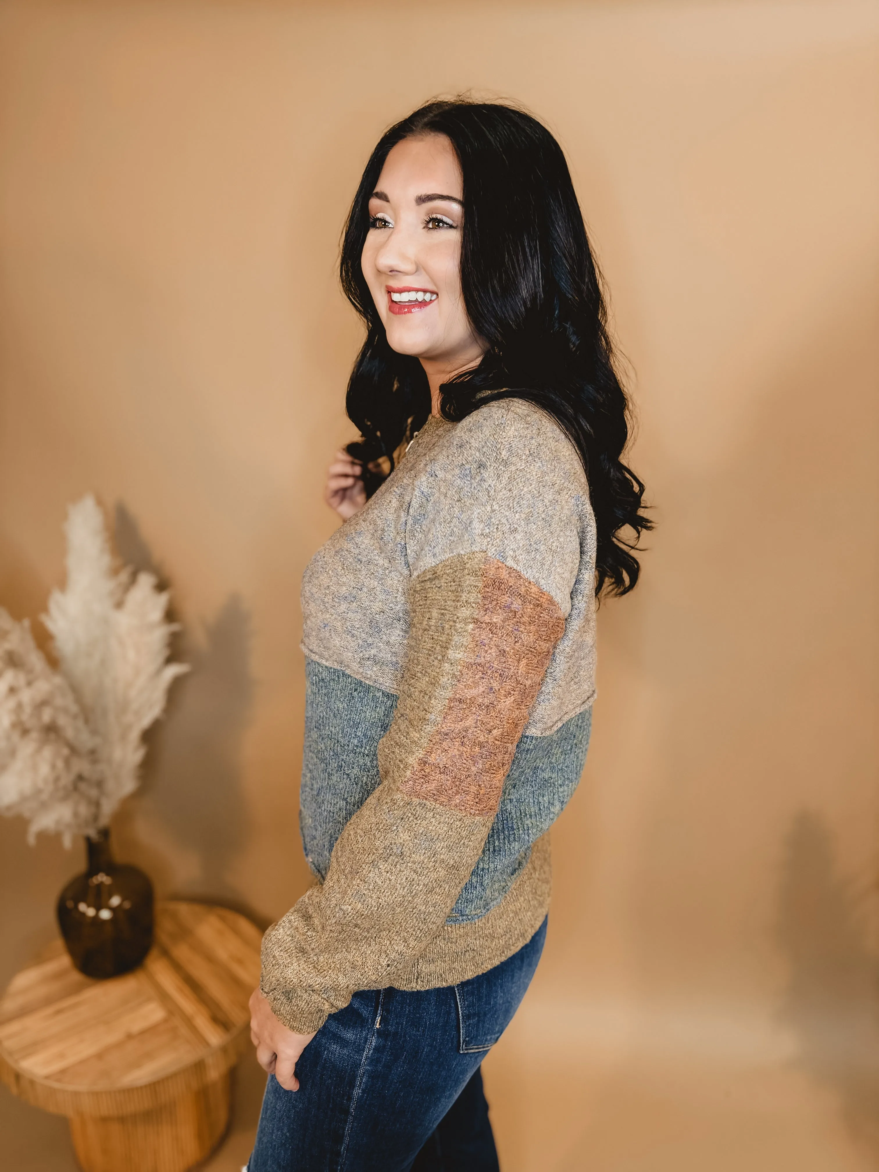 Color Block Mixed Weave Pullover Sweater - Rust Mix