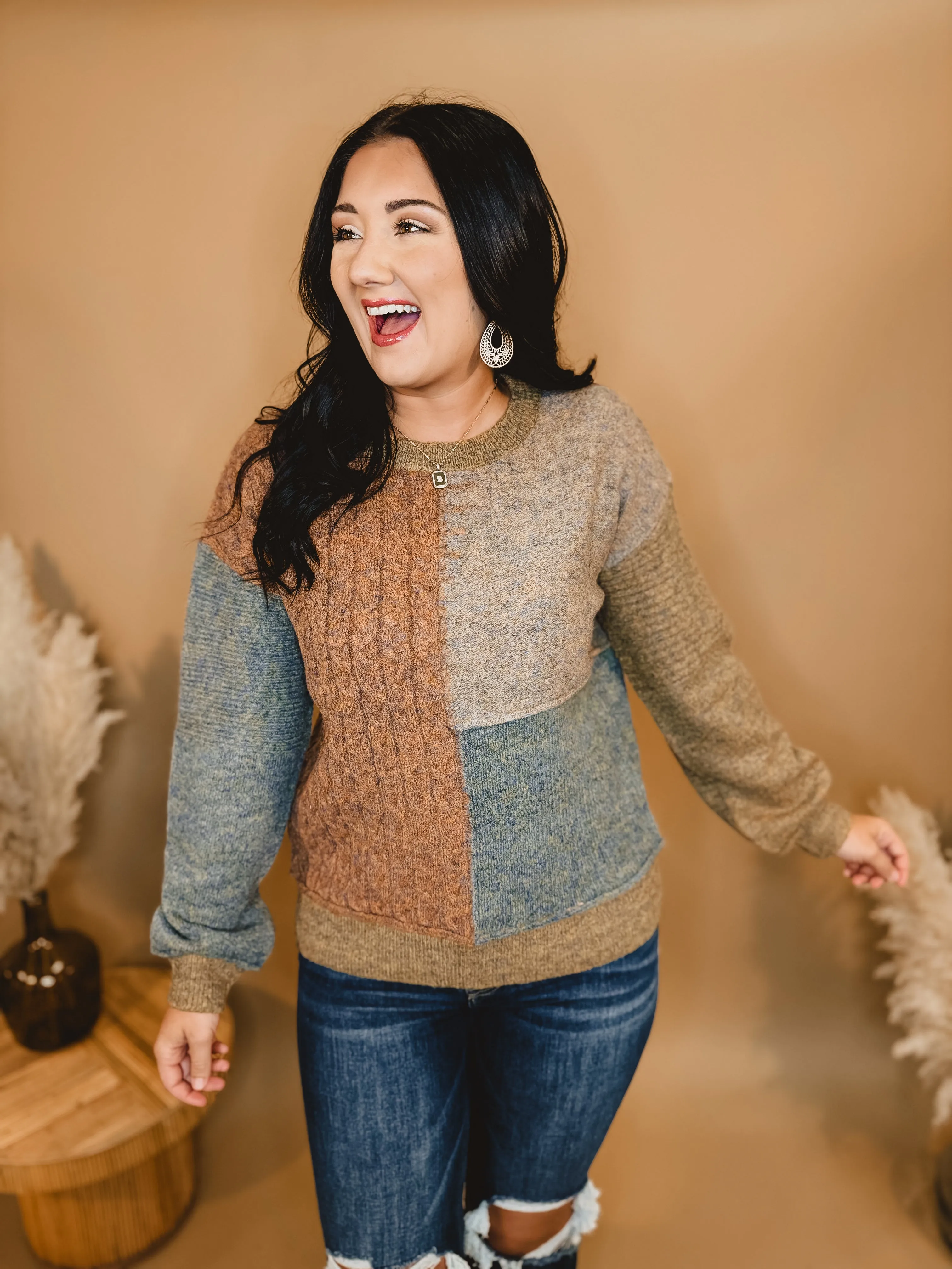 Color Block Mixed Weave Pullover Sweater - Rust Mix