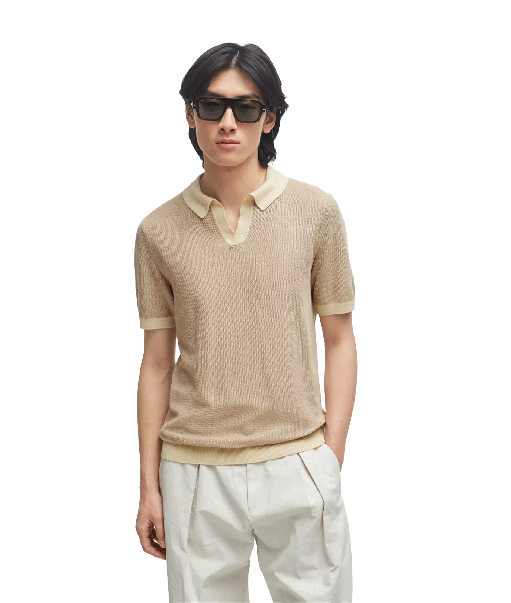 Cotton-blend Polo Sweater With Open Collar - Beige