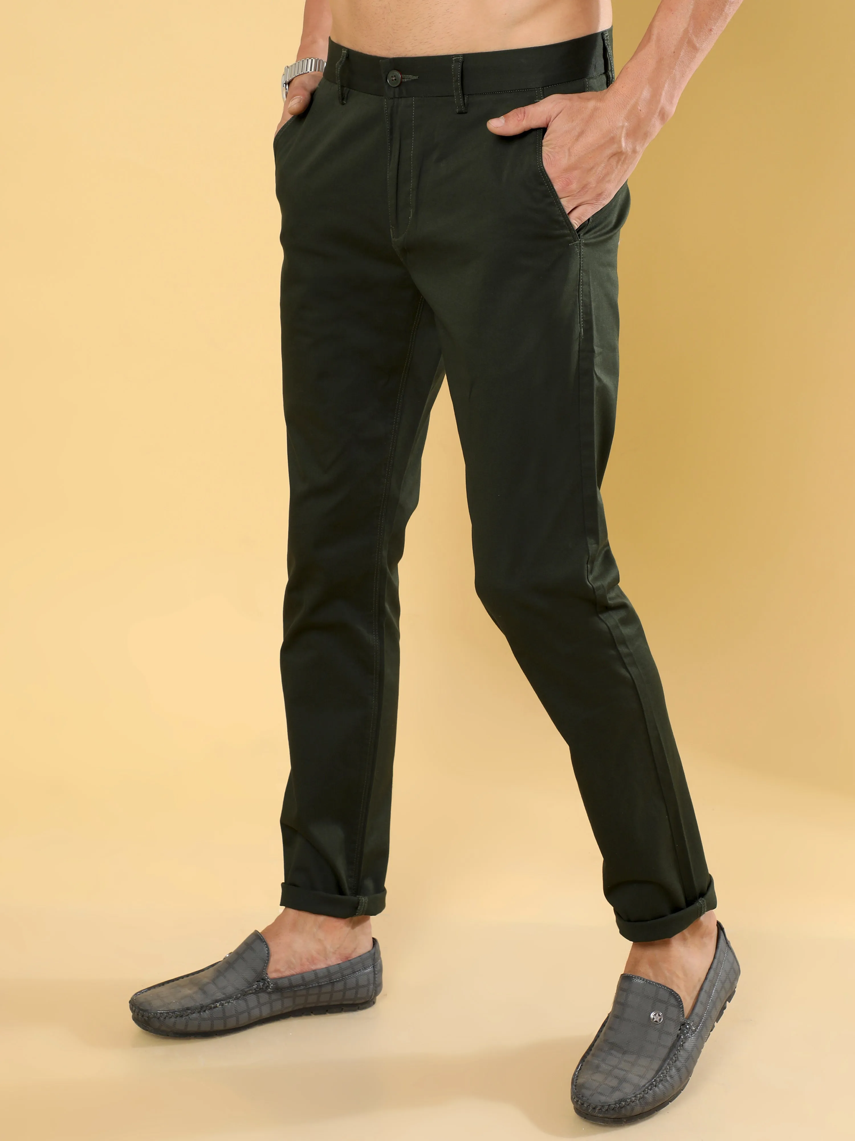 Cotton Dobby Dark Olive Lycra Chino